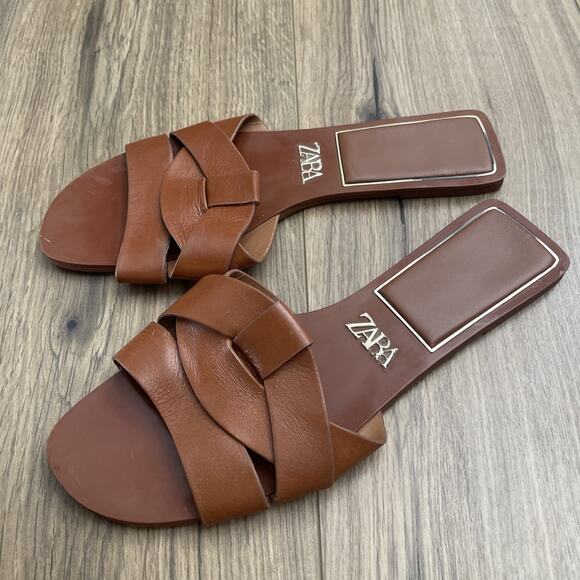 Zara Flat Crossed Slides Brown Leather Sandals Size 38 US 8 Cognac Retail $49 - Picture 4 of 6